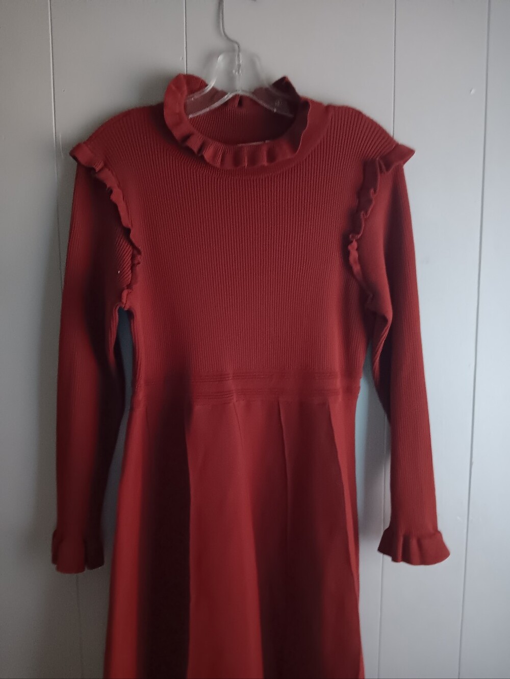 Hailey Lyn Ribbed Ruffle Long-Sleeve Dress in Deep Red PL - Picture 4 of 5